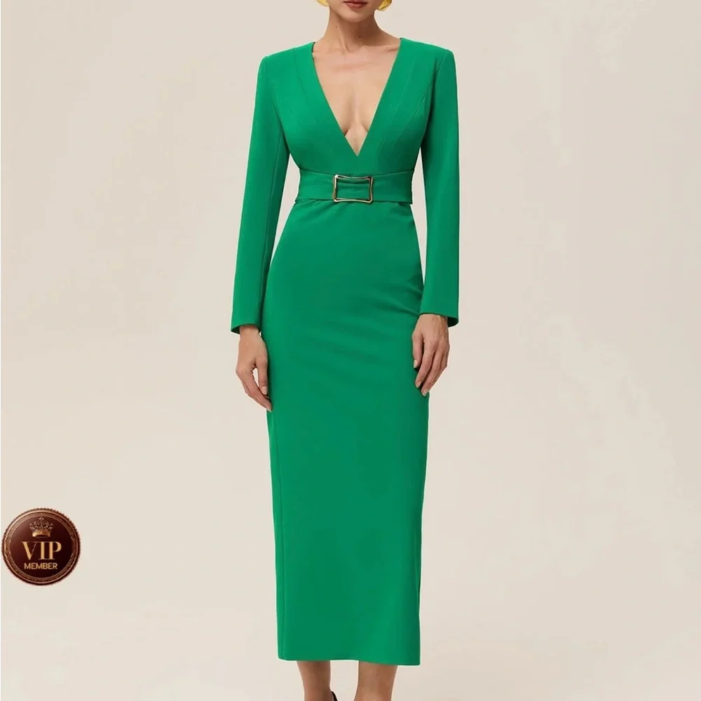 Green Deep V Neck Long Sleeve Sheath Maxi Dress - Picture 8 of 8